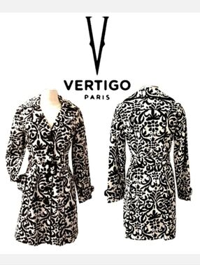Vertigo Paris Structured Black & White Abstract Print Trench Coat Sz S